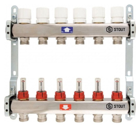 Купить  Распределительные коллекторы Stout с расходомерами Коллектор распределительный Stout с расходомерами 1х3/4 на 10 выходов 